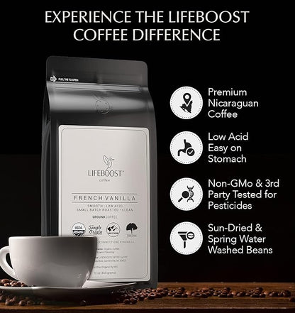 Lifeboost French Vanilla Ground Coffee - Non-GMO Low Acid Single Origin USDA Organic Coffee - Third Party Tested For Mycotoxins & Pesticides - 12 Ounces