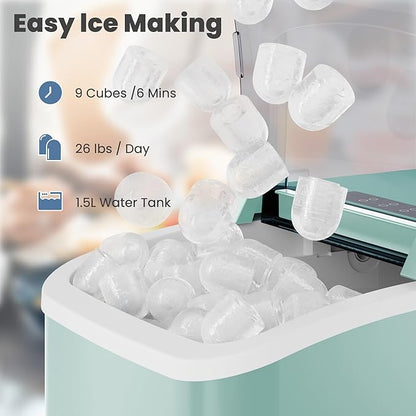 DUMOS Countertop Ice Maker with Handle, 26lbs/24H Portable Ice Machine, 9 Bullet Cubes Ready in 6 Mins, Self-Cleaning, Quiet Compact for Home, Kitchen, RV, Camping, Green