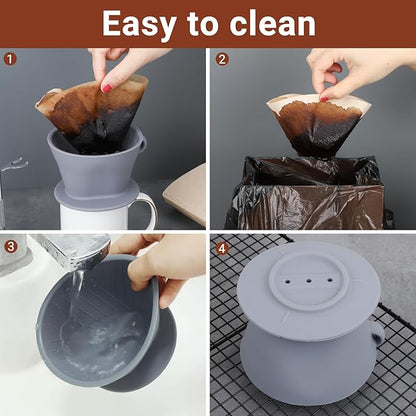 Segarty Pour Over Coffee Dripper, Single Cup Gray Silicone Manual Coffee Maker Set with 200PCS Size #2 Cone Coffee Filter Papers, Drip Coffee Pourover Brewer Filter Holder for Travel Outdoor Camping