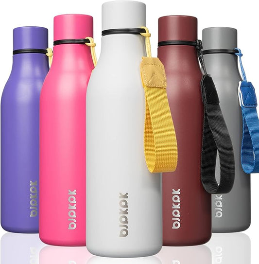 BJPKPK Insulated Water Bottles, 18 oz Stainless Steel Metal Water Bottle with Strap, BPA Free Leak Proof Jugs, Mugs, Flasks, Reusable Thermal Flasks for Sports & Travel, White