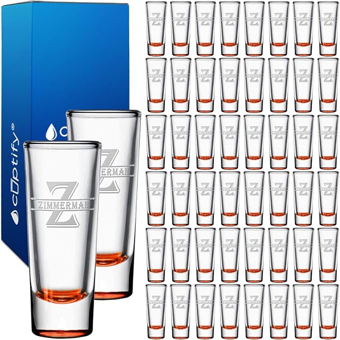 Personalized Shot Glasses Set of 50 Orange Bottom Custom 2 oz Cordial Shot Glass Initial and Name for Gifts, Weddings, Birthdays, Party, Event, Decorations