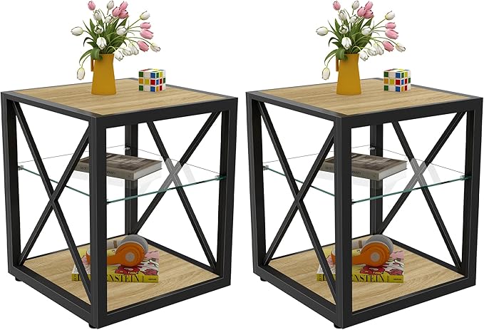 Modern End Table Set of 2 for Living Room 17.7" Bedroom Nightstand, Tempered Glass Shelf & Rustic Wood MDF Top Square Side Tables 2 Pack, Industrial Natural