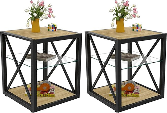 Modern End Table Set of 2 for Living Room 17.7" Bedroom Nightstand, Tempered Glass Shelf & Rustic Wood MDF Top Square Side Tables 2 Pack, Industrial Natural
