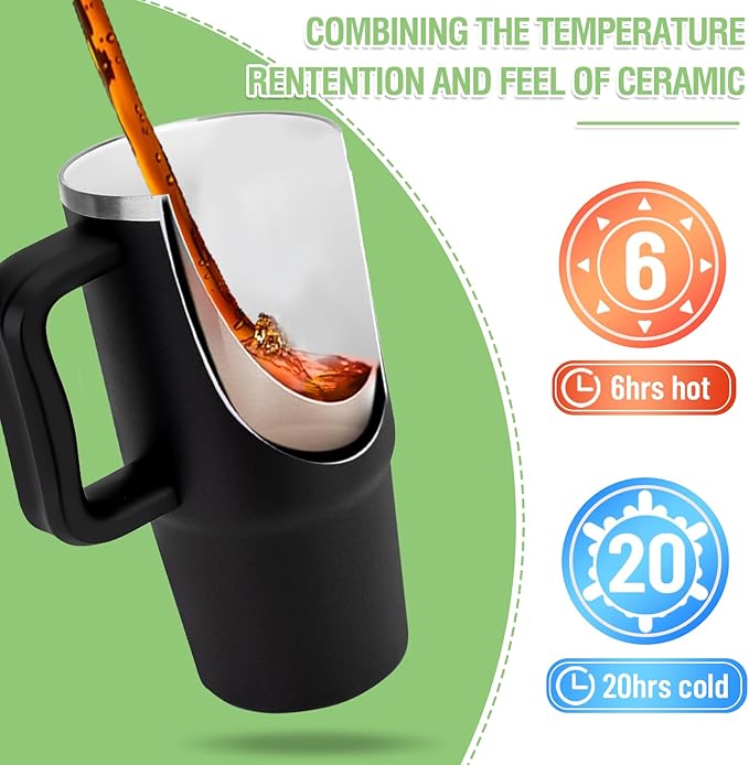 Zukro 24 oz Ceramic Lined Insulated Tumbler with Handle and Straw, No Metal Taste or Smell, Travel Coffee Mug with Spillproof Lids, No Sweat Stainless Steel Cup, Dishwasher Safe, Black