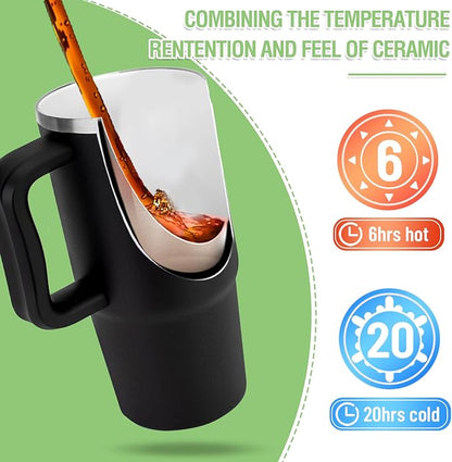 Zukro 24 oz Ceramic Lined Insulated Tumbler with Handle and Straw, No Metal Taste or Smell, Travel Coffee Mug with Spillproof Lids, No Sweat Stainless Steel Cup, Dishwasher Safe, Black