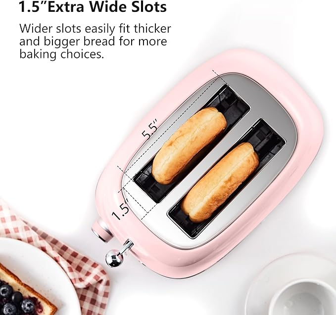 Roter Mond 2 Slice Toaster Retro Stainless Steel with Bagel, Cancel, and Defrost Functions, 6 Bread Shade Settings, Extra Wide Slots and Removable Crumb Tray, Pink
