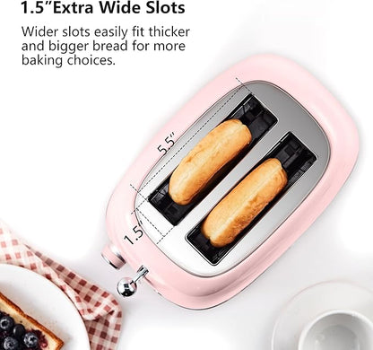Roter Mond 2 Slice Toaster Retro Stainless Steel with Bagel, Cancel, and Defrost Functions, 6 Bread Shade Settings, Extra Wide Slots and Removable Crumb Tray, Pink