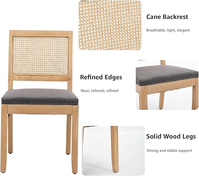 French Country Dining Chairs Set of 8, Grey Modern Kitchen & Dining Room Chairs, Rattan Dining Chair with Linen Upholstered Cushion, Low Cane Back, Wood Legs, Sillas de Comedor (Gray, 8 Pcs)