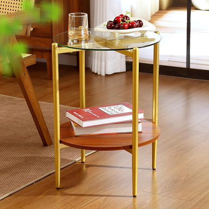 Small Round Glass Coffee Tables for Living Room, Mid Century Side Table with Clear Glass Top, Solid Brown Storage Shelf and Sturable Gold Legs for Small Space, Office, Department