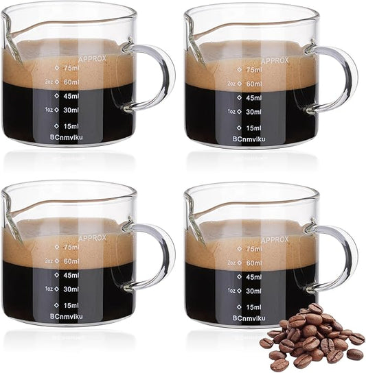 BCnmviku 4 PACK Espresso Glass Measuring Cup Triple Pitcher Milk Cup 75ML Espresso Cups with Handle Shot Glass with V-Shaped Mouth Clear Accessories Milk Frothing Pitcher (4)