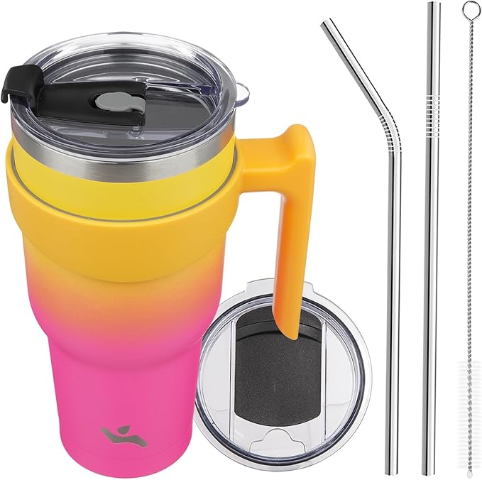 40 oz Tumbler with Handle and 2 Straw 2 Lid, Insulated Water Bottle Stainless Steel Vacuum Cup Reusable Travel Mug,Rainbow