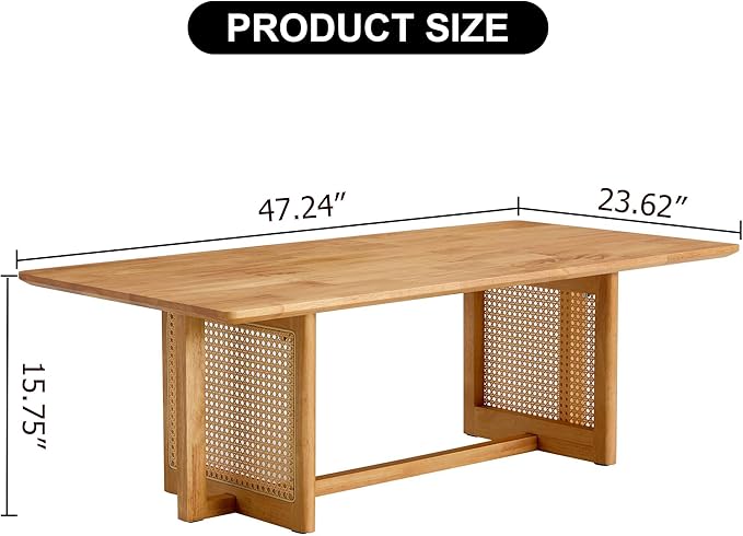 Mid Century Modern Wood Coffee Table with PE Rattan Stand, 47 Inch Rectangular Solid Wood Boho Coffe Table, Unique Center Cocktail Table for Livinig Room Apartment Office