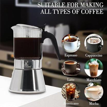 Stovetop Espresso Maker, 6Cup 240ml Moka Pot, Crystal Glass-top & Stainless Steel Coffee Maker Mocha Pot, Greca De Cafe, Cuban and Italian Coffee Maker for Cafetera Cubana