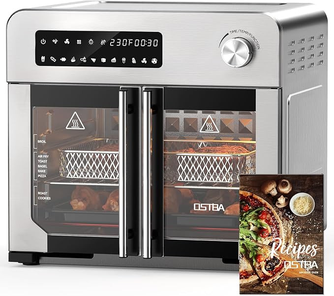 OSTBA French Door Air Fryer Toaster Oven Combo, Airfryer Convection Oven Countertop 10-in-1 Combo, 30% Faster 90% Less Oil, 102 Recipes & 7 Accessories Included 24 QT Stainless Steel