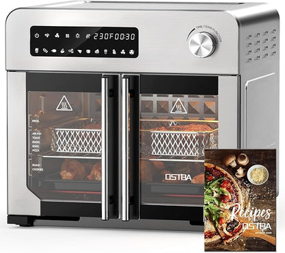 OSTBA French Door Air Fryer Toaster Oven Combo, Airfryer Convection Oven Countertop 10-in-1 Combo, 30% Faster 90% Less Oil, 102 Recipes & 7 Accessories Included 24 QT Stainless Steel