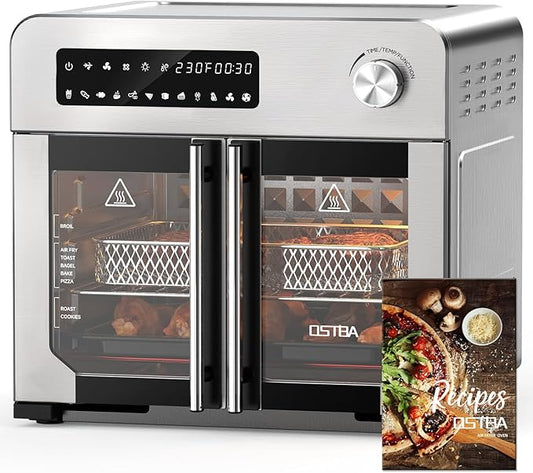 OSTBA French Door Air Fryer Toaster Oven Combo, Airfryer Convection Oven Countertop 10-in-1 Combo, 30% Faster 90% Less Oil, 102 Recipes & 7 Accessories Included 24 QT Stainless Steel