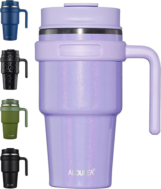 ALOUFEA 20 oz Insulated Coffee Mug Tumbler with Handle, Stainless Steel Travel Mug Tumbler with Lid and Straw, Double Wall Vacuum Leak Proof Ice Coffee Thermal Cup, Lavender Glitter