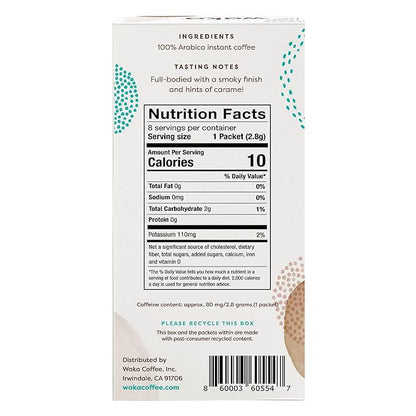 Waka Premium Instant Coffee Sachets — 100% Arabica Freeze Dried Beans — For Hot or Iced Coffee (8 Count, Dark Roast)