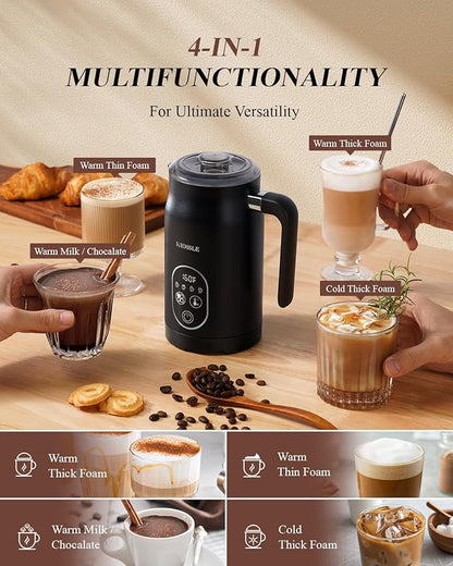 Milk Frother and Steamer 4 in 1, Milk Steamer with Auto Temperature Control, Warm & Cold Foam Maker, Hot Chocolate Maker, Frother for Coffee, Latte, Cappuccino, Black