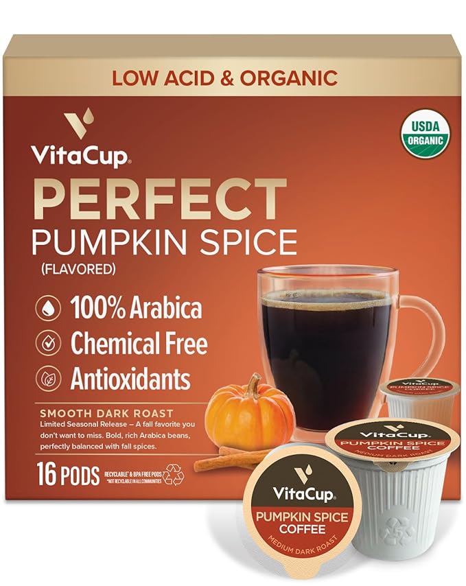 VitaCup Organic Pumpkin Spice Coffee Pods, Low Acid, Lab Tested for Mold, Toxins and Chemicals, Fair Trade Certified, Recyclable Single Serve Pods, 16ct
