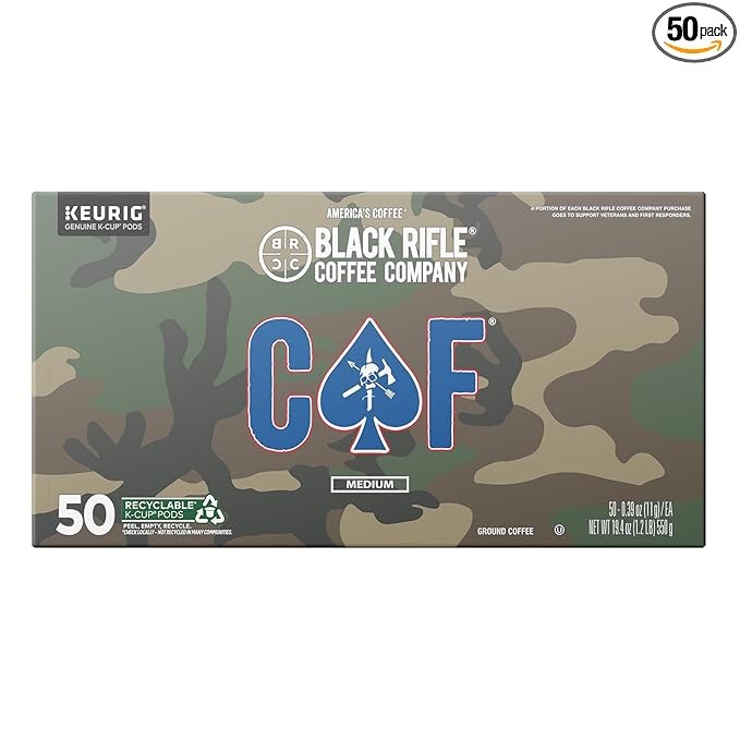 Black Rifle Coffee Company CAF, 50 Count, Medium Roast K Cups - Single Serve K Cups Coffee Pods - Kcup Pods Compatible with Keurig 1.0 & 2.0 - Made from Arabica Beans