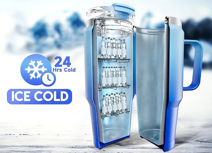 Meoky 32oz Tumbler with Handle, Stainless Steel Travel Mug with 2-in-1 Straw and Sip Lid, Vacuum Insulated Coffee Mug, 100% Leak Proof, Keeps Cold for 24 Hours or Hot for 8 Hours (Sky)