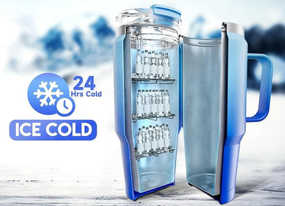 Meoky 32oz Tumbler with Handle, Stainless Steel Travel Mug with 2-in-1 Straw and Sip Lid, Vacuum Insulated Coffee Mug, 100% Leak Proof, Keeps Cold for 24 Hours or Hot for 8 Hours (Sky)