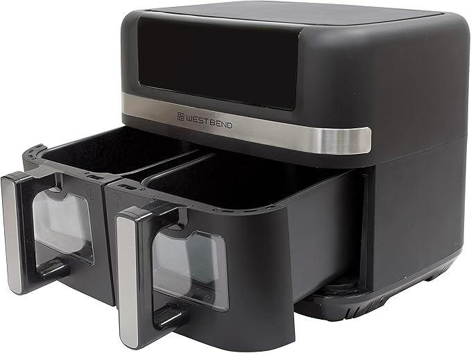 West Bend Double Up Air Fryer Dual Basket 10-Quart Capacity with Digital Controls View Windows and 15 Cooking Presets, Nonstick Frying Baskets, Dual-Zone Cooking, 1600-Watts, Black