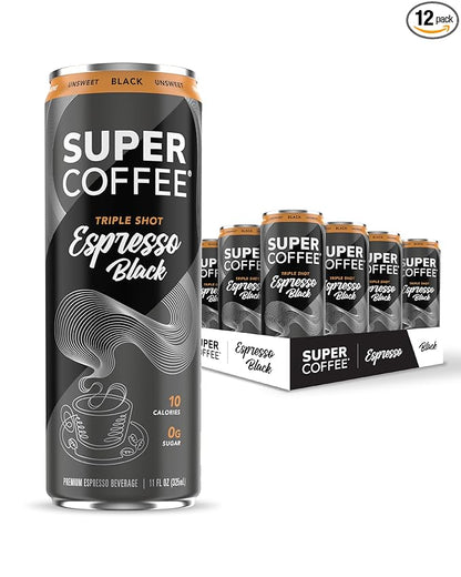 SUPER COFFEE Espresso, Iced Keto Coffee (0g Added Sugar, 10 Calories) [Triple Shot Black] 11 Fl Oz, 12 Pack | Cold Brew, Smart Coffee Drinks - SoyFree GlutenFree