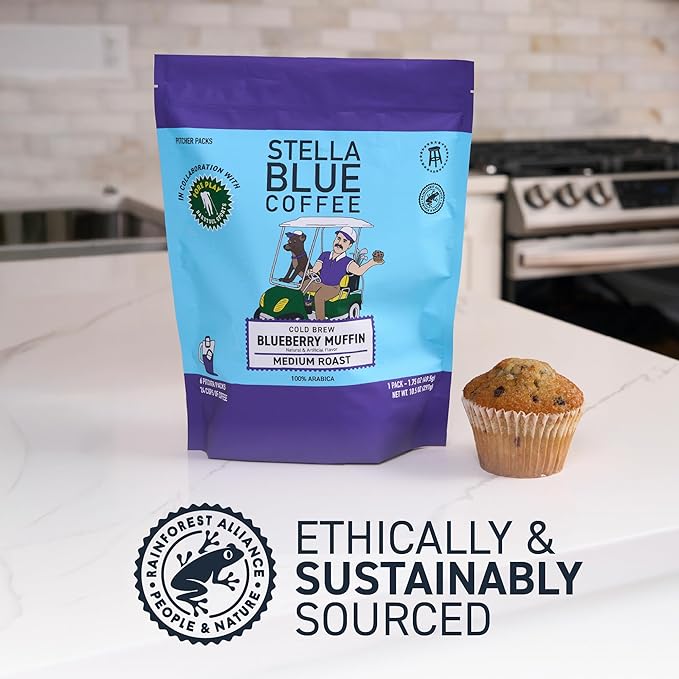 Stella Blue Cold Brew Coffee Bags, Blueberry Muffin, Medium Roast Ground Coffee, Smooth, Bold and Refreshing 100% Arabica, 6 Brew Packets, Makes 24 Cups, Rainforest Alliance Certified