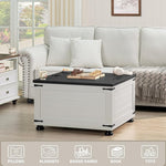Load image into Gallery viewer, Farmhouse Coffee Table with Hidden Storage, Square Large Center Table for Living Room, Vintage Cocktail Tables with Flip-Top Lids, Farm House Tables with Wood Gourd Feet, Antique White &amp; Black
