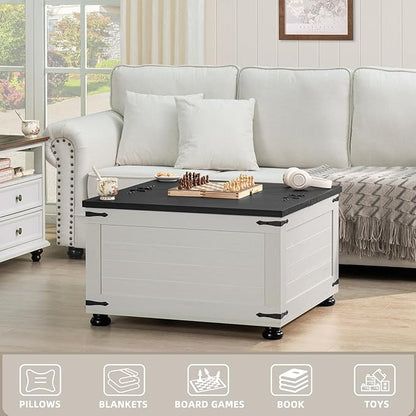 Farmhouse Coffee Table with Hidden Storage, Square Large Center Table for Living Room, Vintage Cocktail Tables with Flip-Top Lids, Farm House Tables with Wood Gourd Feet, Antique White & Black
