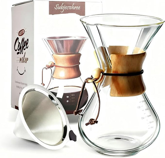 Subjectthree Pour Over Coffee Dripper 8 Cup Glass Coffee Maker Carafe Pot with Filter for Home Office Camping Easy Clean (8 Cup/28 oz)