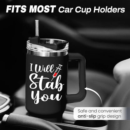SANDJEST Nurse Gifts I Will Stab You Tumbler with Handle 40oz Stainless Steel Insulated Coffee Cup Funny Nurse Week Present, Nursing School Graduation, Appreciation Gifts for RN Nurses