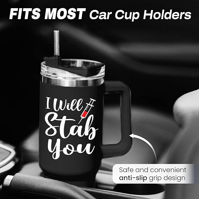 SANDJEST Nurse Gifts I Will Stab You Tumbler with Handle 40oz Stainless Steel Insulated Coffee Cup Funny Nurse Week Present, Nursing School Graduation, Appreciation Gifts for RN Nurses
