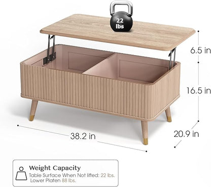 Lift Top Coffee Table, Mid Century Modern Coffee Table with Hidden Compartment, Fluted Lift Tabletop Center Table for Living Room, Home Office, Oak
