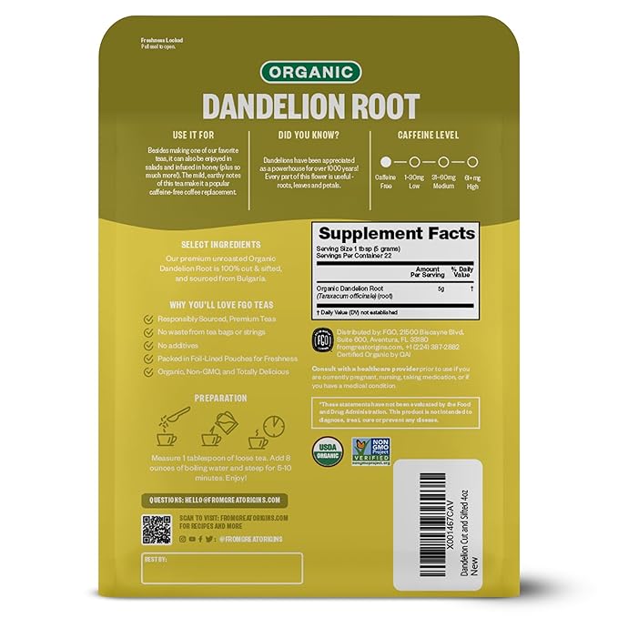 FGO Organic Dandelion Root, Cut and Sifted Loose Tea, 4 Ounce Resealable Bag, Packaging May Vary (Pack of 1)