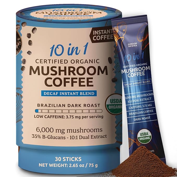10-in-1 USDA Certified Organic Decaf Mushroom Coffee, Instant Mushroom Coffee Decaf, Brazilian Dark Roast for Better Energy, Focus, Gut Health, 30 Sticks - ShroomDNA