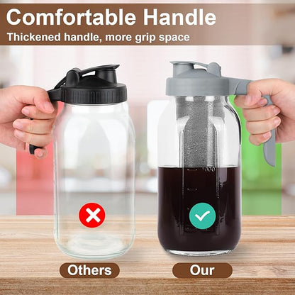 Cold Brew Coffee Maker Pitcher,32 Oz Glass Mason Jar Pitcher with V-shaped Pour Spout Handle Lid,Stainless Steel Filter for Iced Coffee,Iced tea,Breast Milk,Fruit Drinks,lemonade-Gray