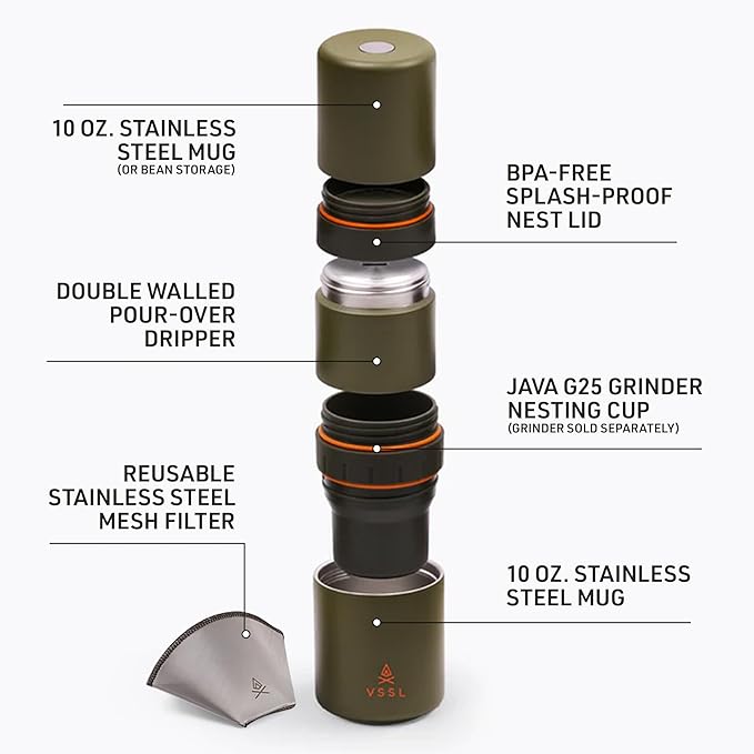 Nest Pour Over Coffee Kit | Coffee Maker for Camping | All-In-One Travel Pour Over | Transportable Dripper, Two 10oz Stainless Steel Travel Mugs | Compact Storage & Adventure Ready | Deep Moss