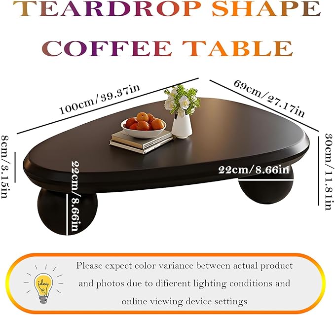 Black Oval Coffee Table - Ball Legs, Stylish Chic Wood Center Table - Smooth Round Corner Finishes Design, Easy to Clean & Assemble (G-39.37in)