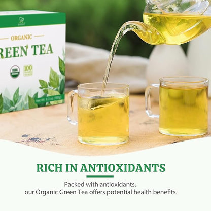 Soeos Organic Green Tea, 100 Tea Bags (Pack of 1), Caffeinated, Low Caffeine, Fresh and Healthy Green Tea, 6.3 Ounce