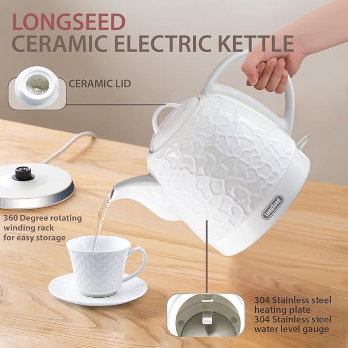 Ceramic Electric Kettle 1.0L(34oz), 1000W Fast Boiling, Automatic Shut-Off &, BPA-Free, Cordless Water Boiler, Boil Dry Protection, Pot with LED Indicator for Home Office Kitchen