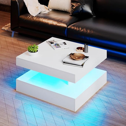 White LED Coffee Table for Living Room, Living Room Table 2-Tier Square Middle Center Table, Modern Coffee Tables with Storage, Wood Tea Tables for Dining Reception, Skin Feeling
