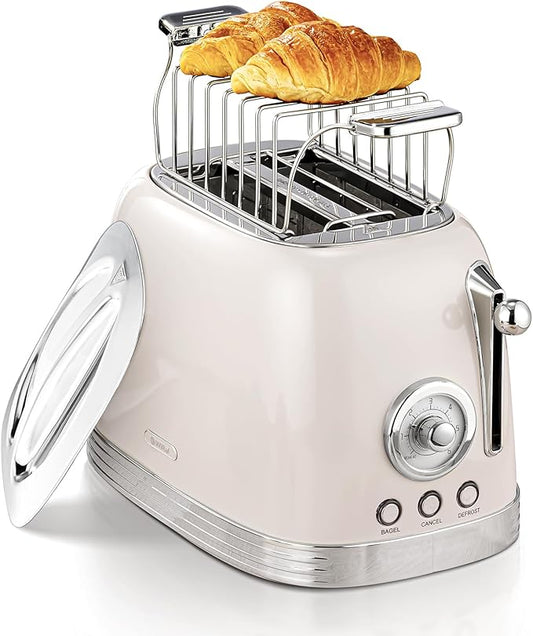 Beige Cute Retro Toaster 2 Slice with 1.58" Wide Slots, Bread toaster with Cover and Warm Rack, Stainless Steel Toaster with Removable Crumb Tray, Preheat, Defrost, Cancel Function (Cream)