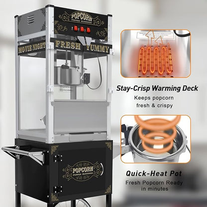 20oz Popcorn Machine with Cart, Wheels & Stainless Steel Kettle, Vintage Movie Theater Style, Popcorn Maker Machine for Parties, Events, Home & Commercial Use, Black