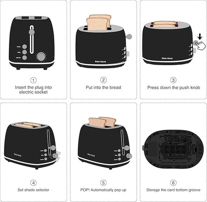 Roter Mond 2 Slice Toaster Retro Stainless Steel with Bagel, Cancel, and Defrost Functions, 6 Bread Shade Settings, Extra Wide Slots and Removable Crumb Tray, Black