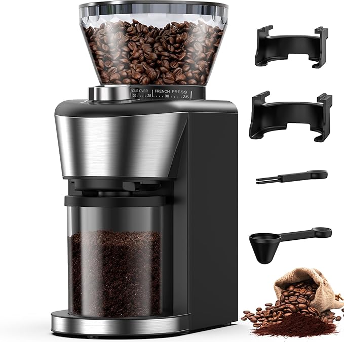 COWSAR Conical Burr Coffee Grinder, Burr Grinder with 35-Position for 2-12 Cup, Anti-Static, Double Portafilter Holders, One-Touch Switch, Easy to Clean, Ideal for Espresso/Drip/French Press