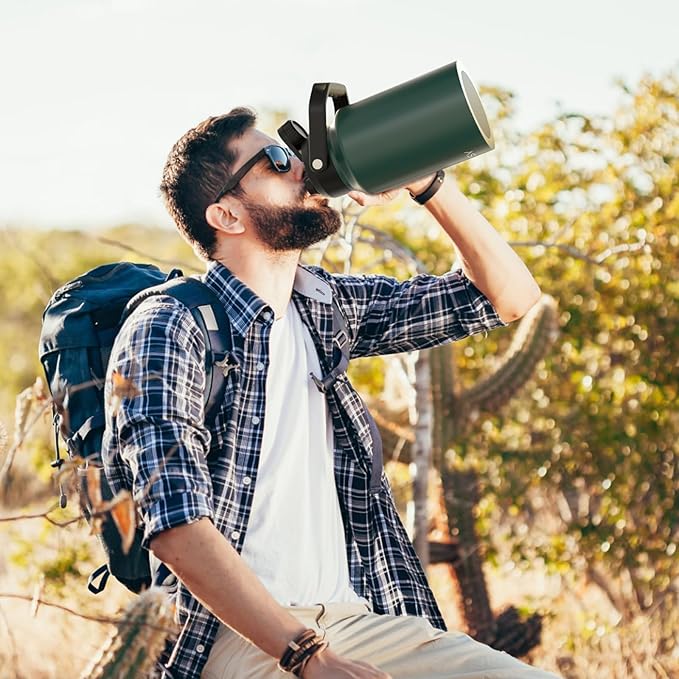 Half Gallon Water Bottle Insulated(Cold for 48 Hrs),BPA Free&Leak Proof,64oz Stainless Steel Water Jug/Flask,Big thermo,Large Water Bottle with Handle for Gym,Hiking,Camping,Dark Green