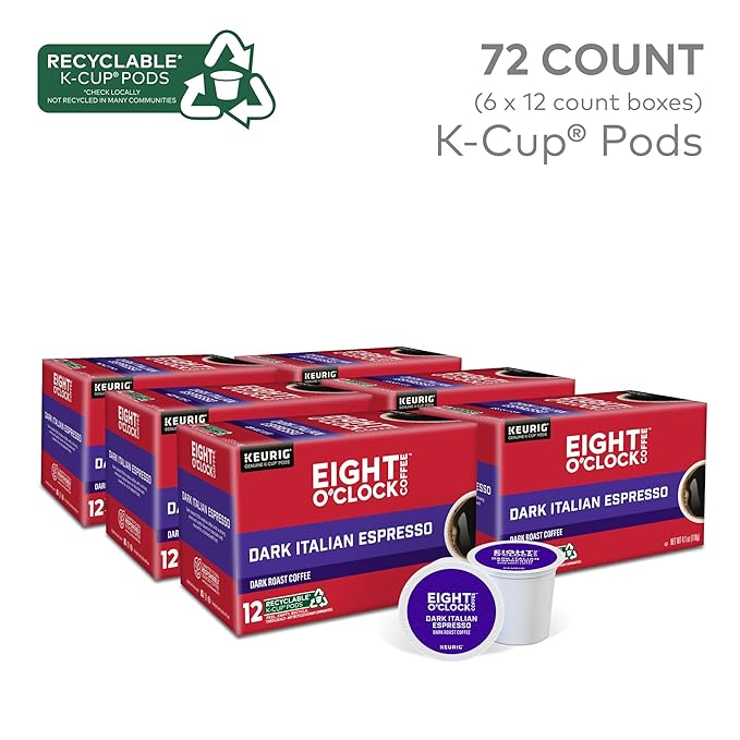 Eight O'Clock Coffee Dark Italian Espresso Roast, Keurig Single Serve K-Cup Pods, Dark Roast, 12 Count (Pack of 6)
